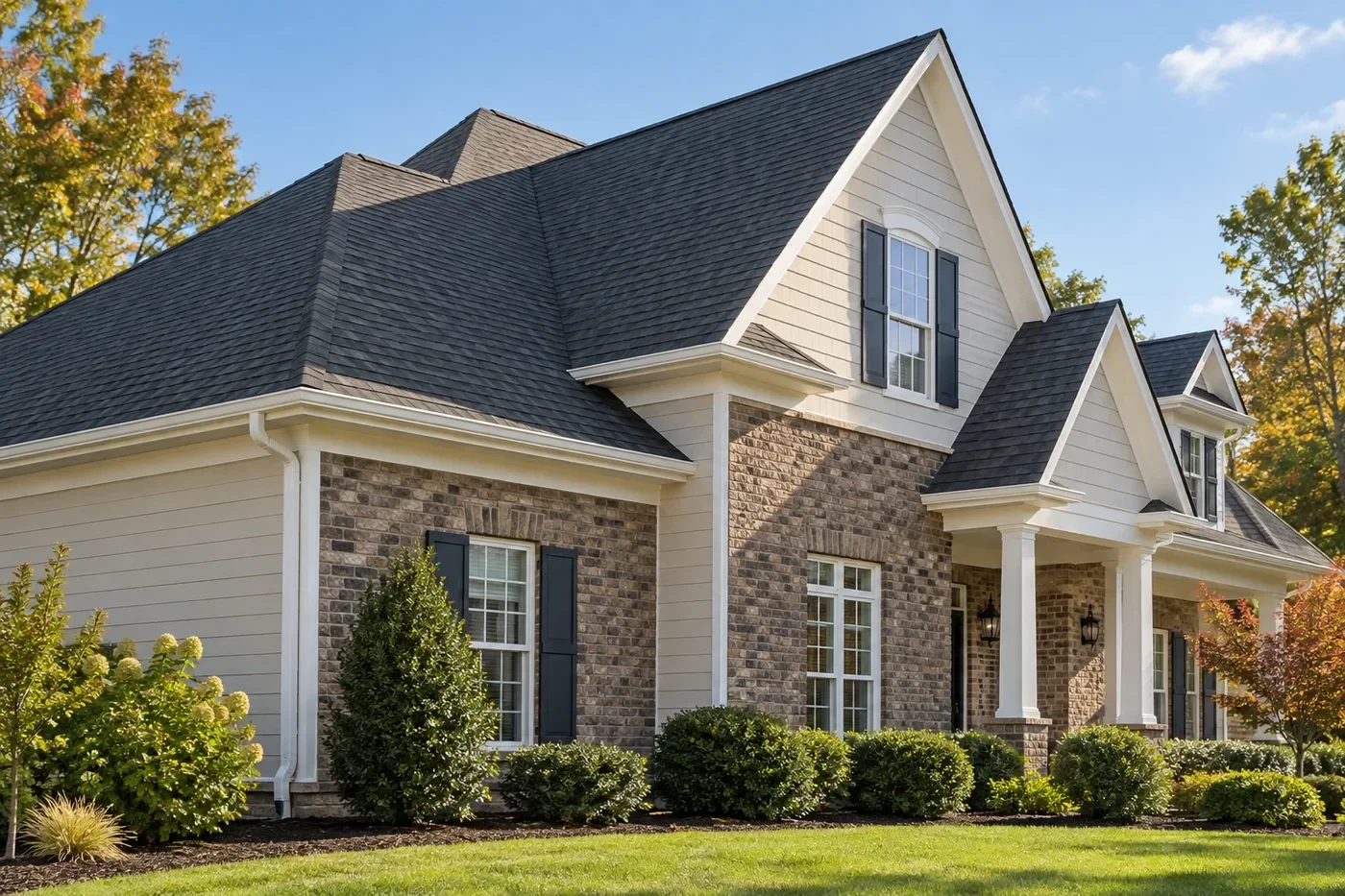 Representative Indian Trail home with a prominent charcoal shingle roof, clean white fascia, and aligned gutters