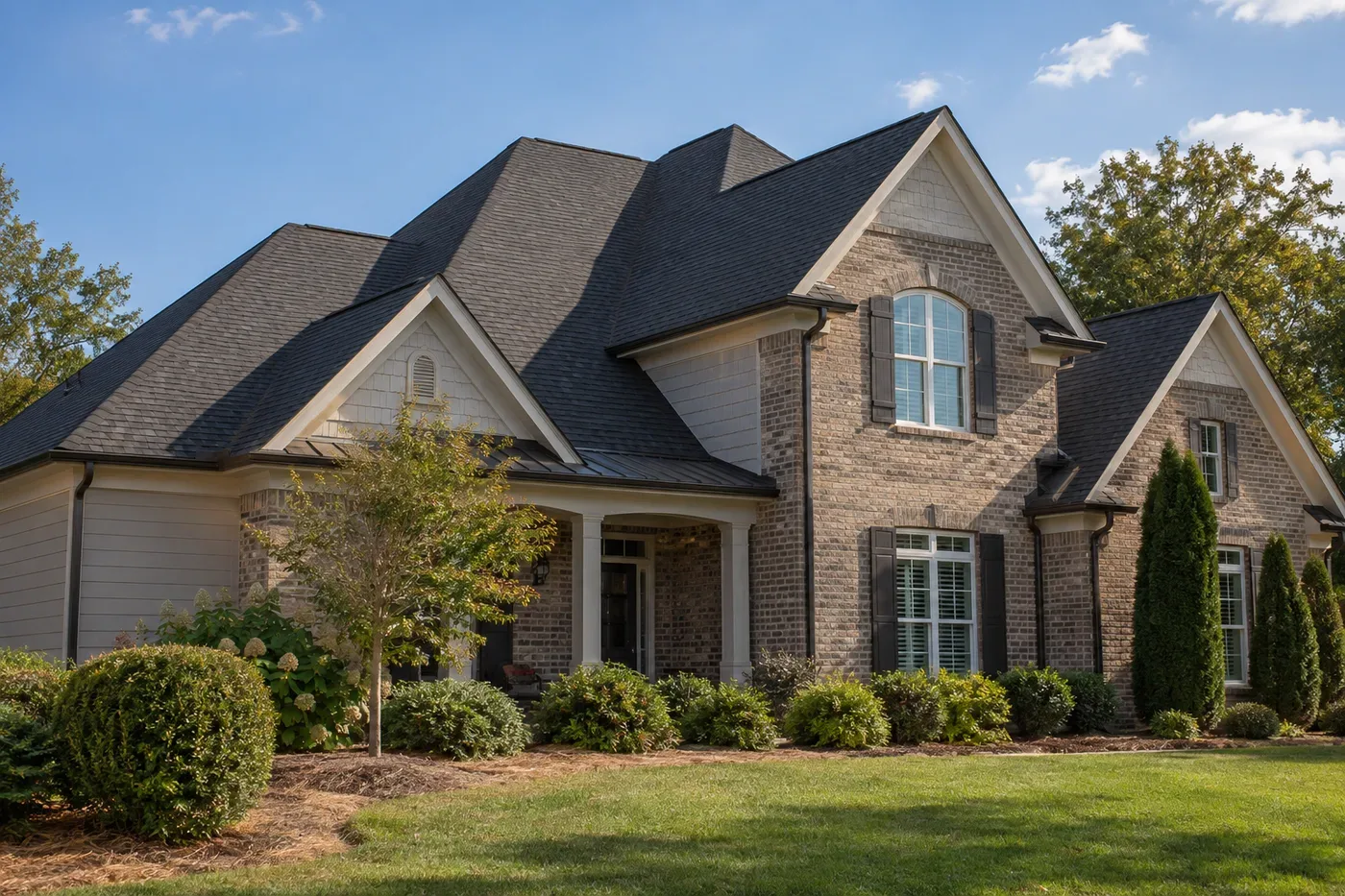 Representative upscale Indian Trail home with a prominent clean charcoal architectural-shingle roof