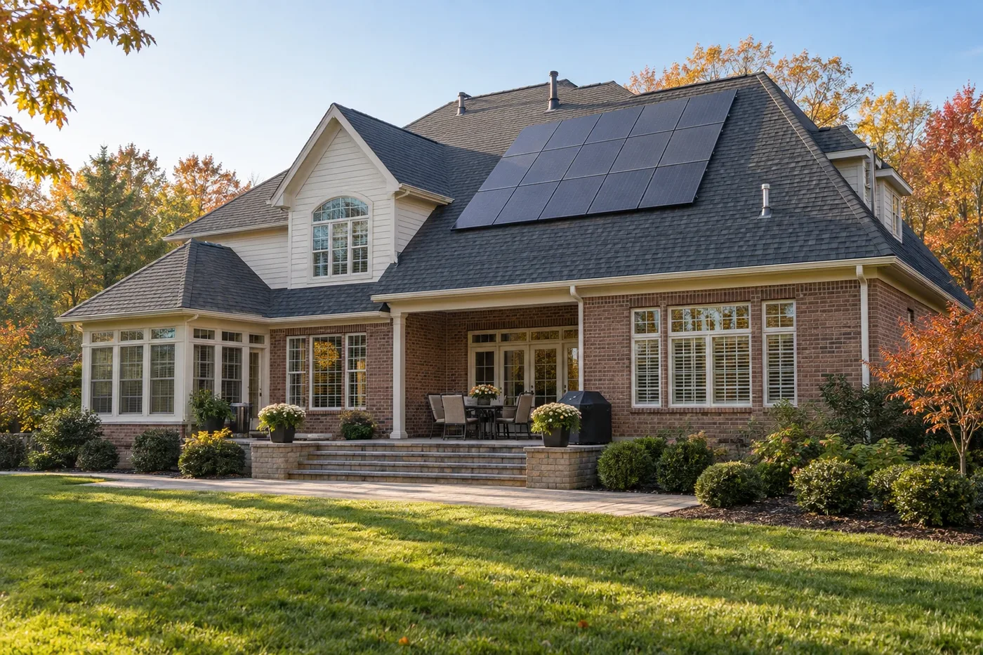 Representative upscale Indian Trail home with a charcoal shingle roof and a flush-mounted solar array