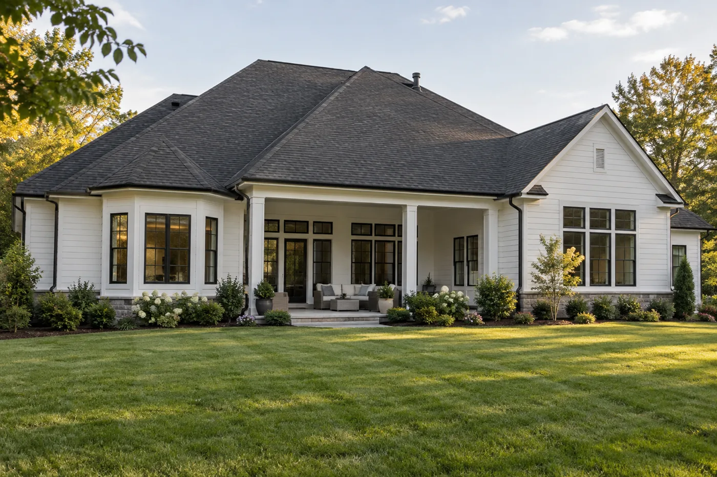 White siding home with a charcoal shingle roof, clean gutters, and a rear lawn