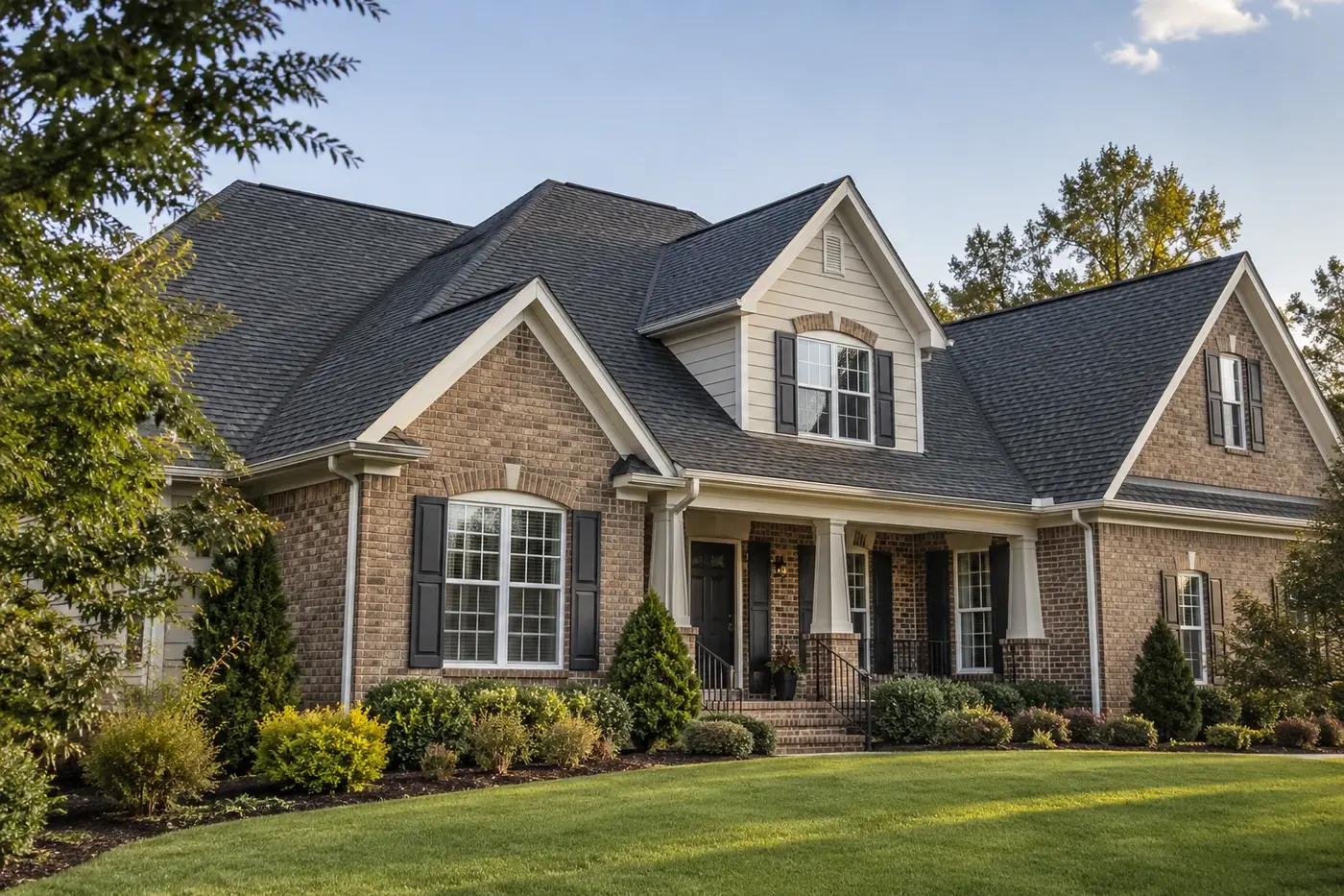 Representative upscale Indian Trail home with a prominent completed charcoal architectural-shingle roof