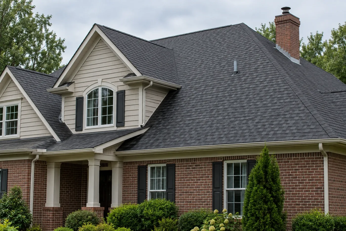 Representative Indian Trail home with a charcoal architectural-shingle roof, chimney flashing, plumbing vent, and clean gutters