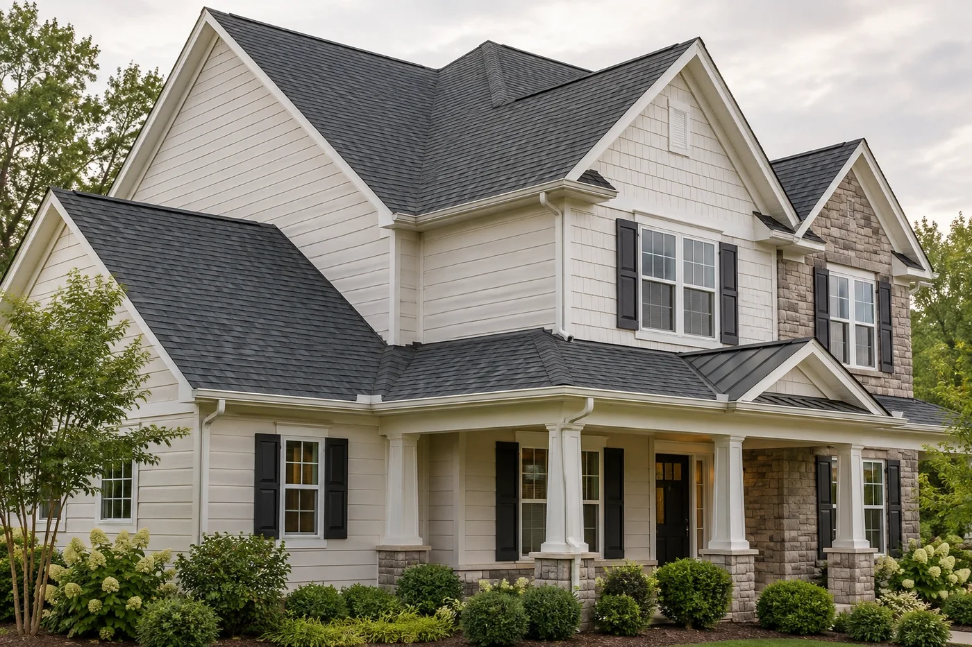 Representative Indian Trail home with a prominent charcoal shingle roof and several clean roof-to-siding transitions