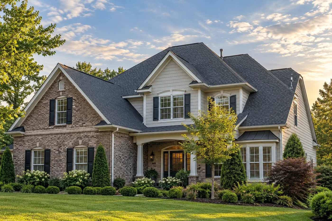 Representative upscale Indian Trail home with a prominent charcoal architectural-shingle roof